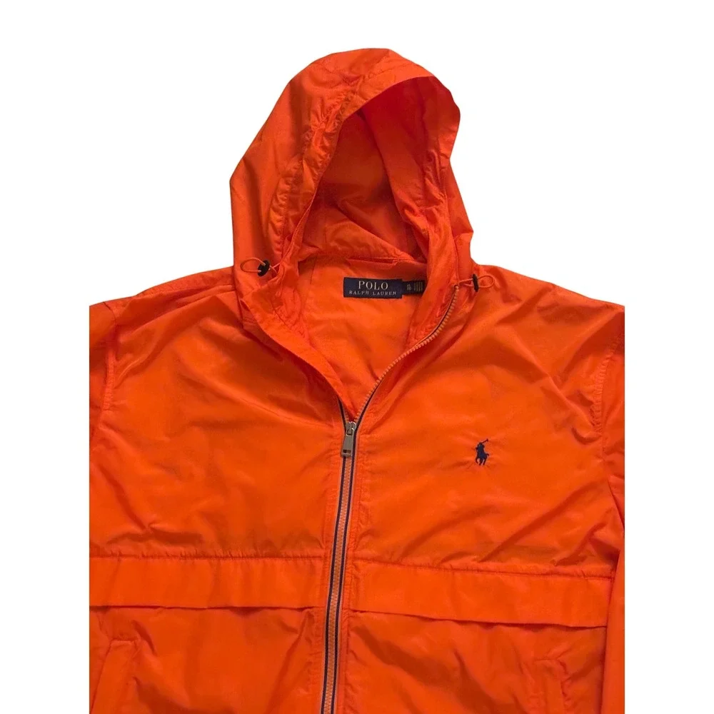 Polo Ralph Lauren Mens XL Orange Hooded Full Zip Windbreaker Jacket Navy Pony